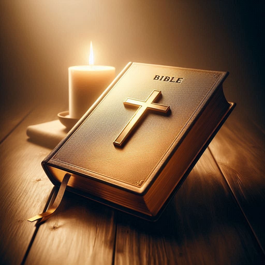 golden bible next to candle raised