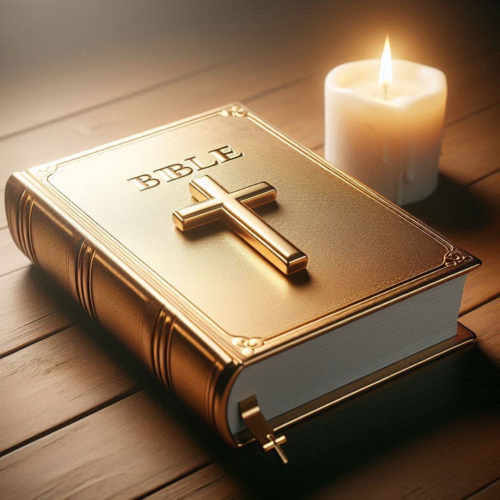 golden bible next to candle